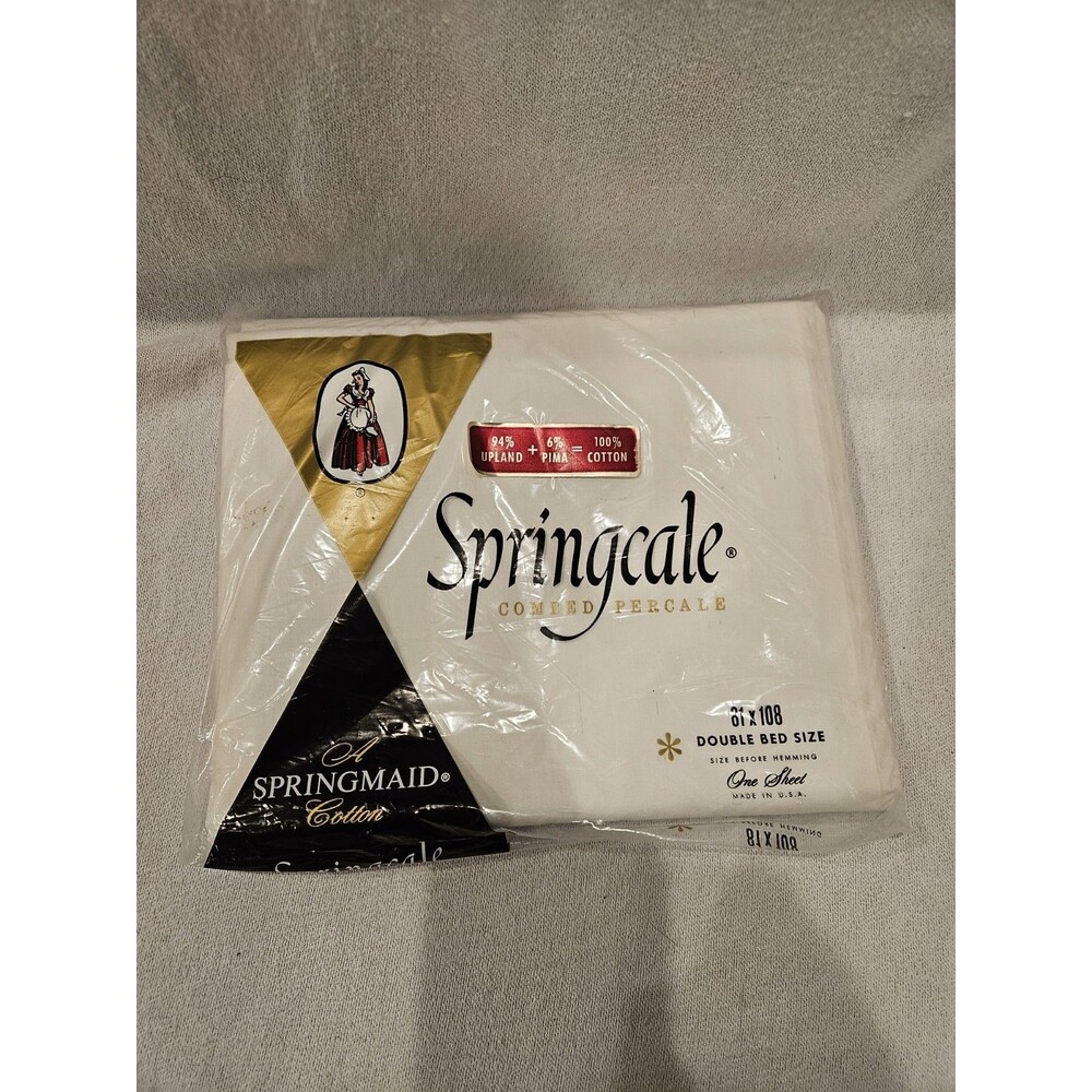 Vintage Springcale Double Flat Sheet White Combed Percale Retro NIP Cotton